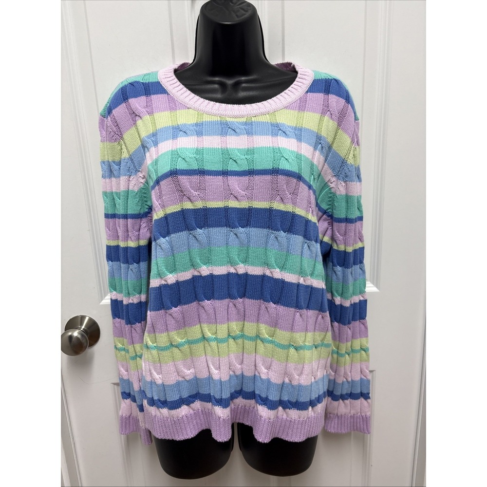 Woman's Pastel Striped Cable‎ Knit Pullover Sweater - Size Petite Large